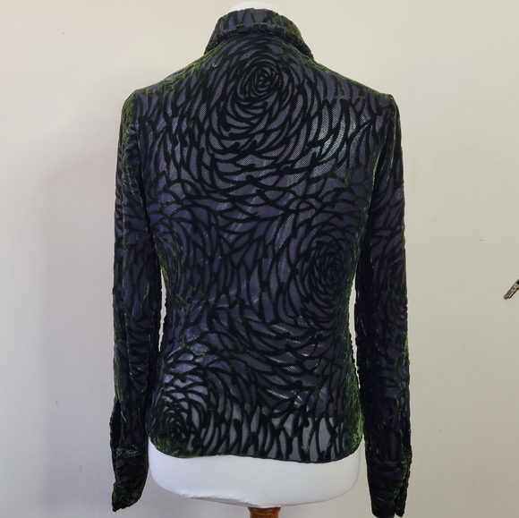 Vivienne Tam Vintage Y2K Textured Green Velvet Rose Burnout Blouse size 1 - Picture 10 of 11